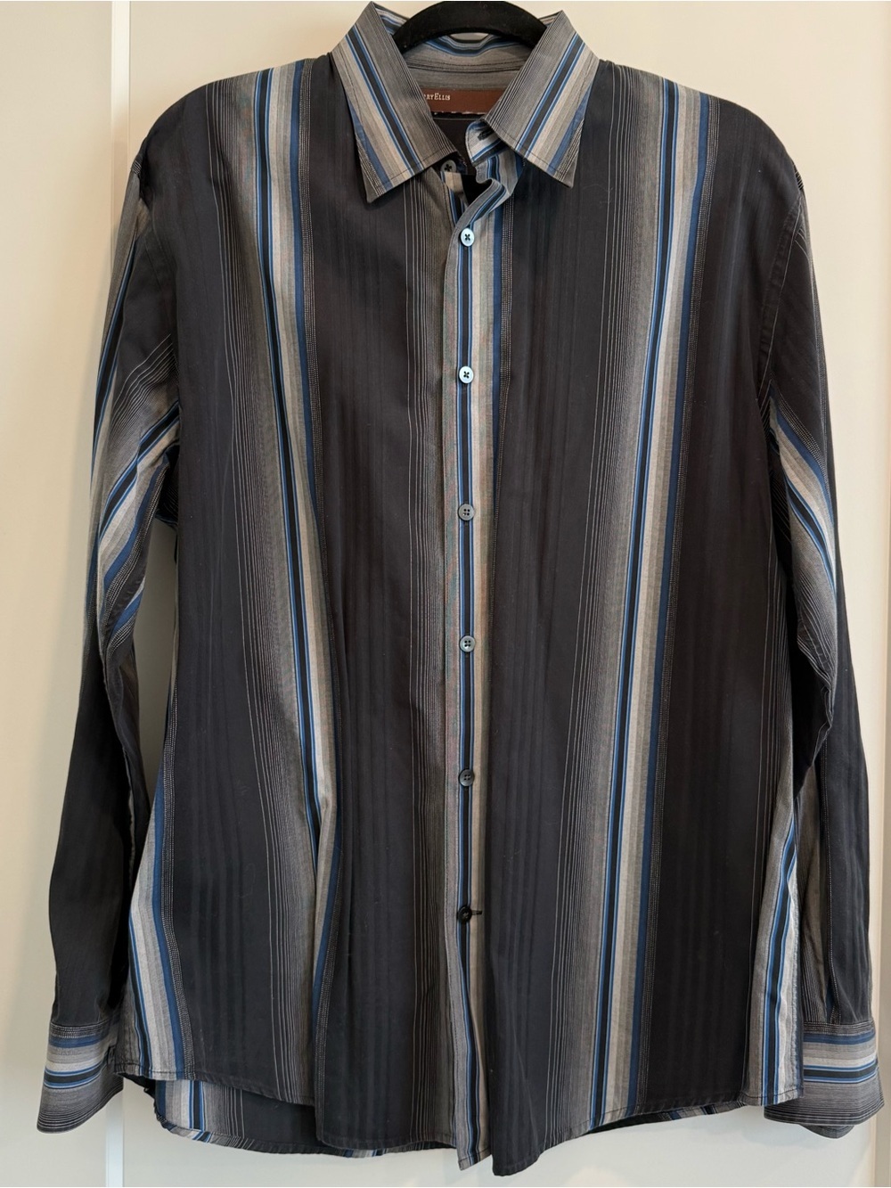 Perry Ellis Black Button-Down Shirt with Blue & Gray Stripes 100% Cotton - Large